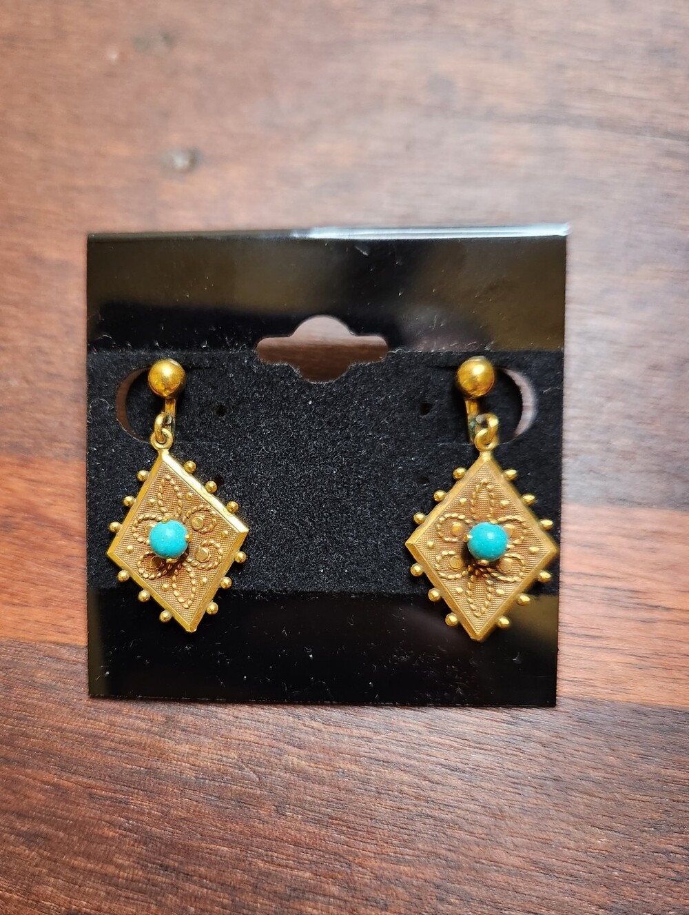 Vintage Van Dell Gold-Tone Filigree Diamond Drop Earrings with Turquoise Accent